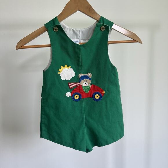 Rare Vintage Carter's Romper Shortalls Size 3t Green Teddy Bear Race Car Outfit - Picture 1 of 7